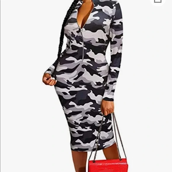 🎉3 For $20 Or $8 Each Camo Printed Zipper Neck Knit Bodycon Midi Dresses - Picture 5 of 9